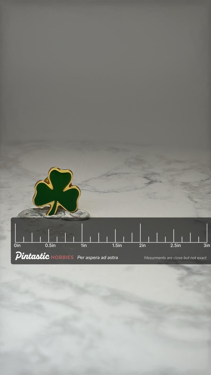 Shamrock Clover Lapel Pin: Green Enamel Gold Tone - Irish Accessory with ruler overlay for size reference