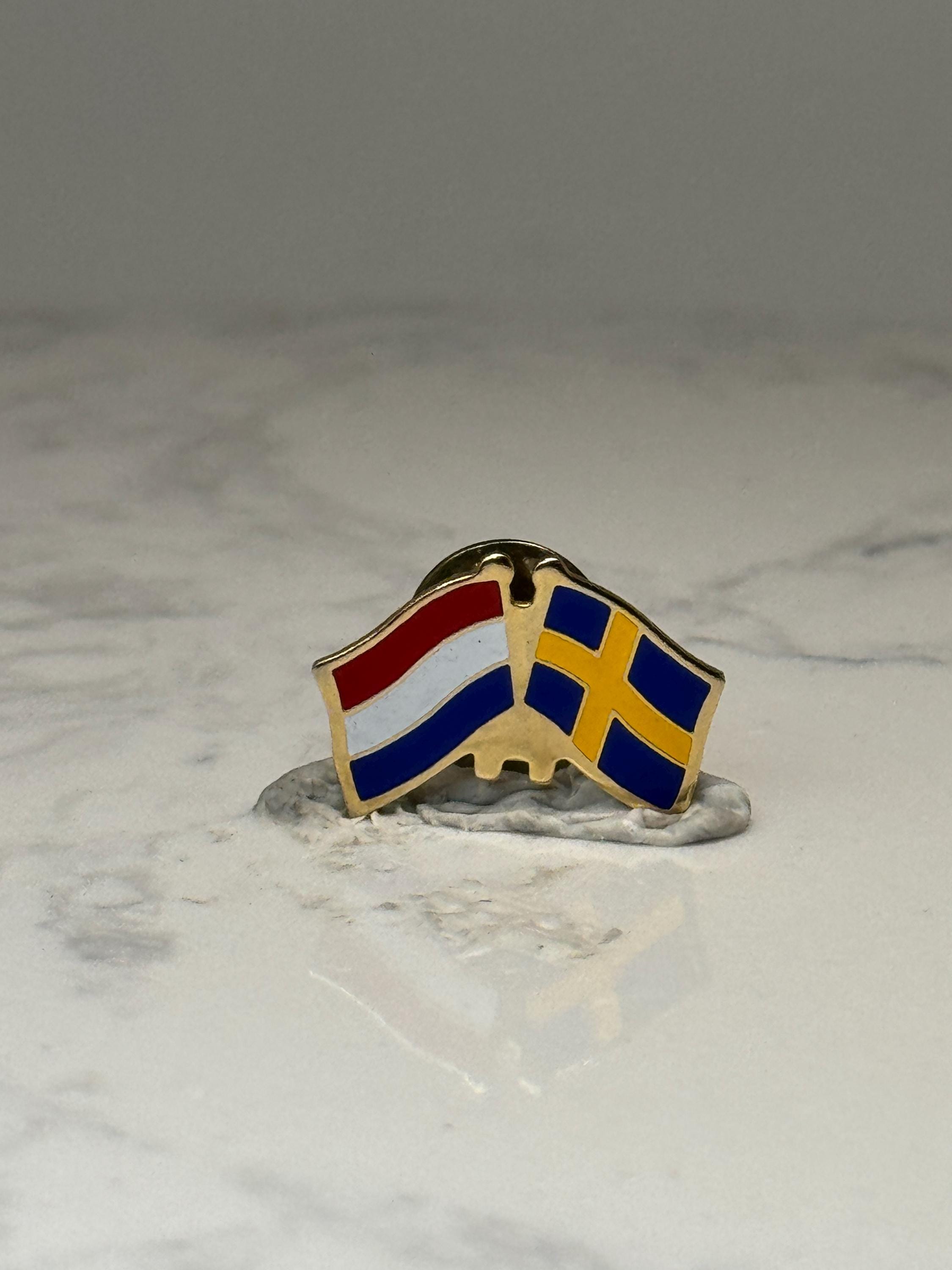 Netherlands & Sweden Flag Pin: Gold Tone Enamel - Travel Accessory