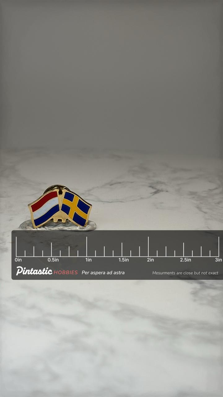 Netherlands & Sweden Flag Pin: Gold Tone Enamel - Travel Accessory with ruler overlay for size reference