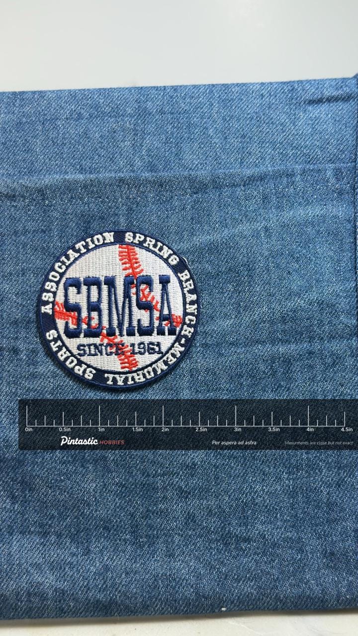 SBMSA Baseball Patch Spring Branch Memorial Sports Association Houston TX Patch with ruler overlay for size reference