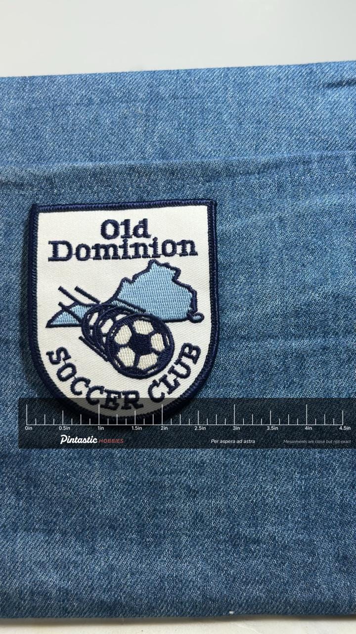 Old Dominion Soccer Club Patch: Blue Crest - Vintage Sports Accessory with ruler overlay for size reference
