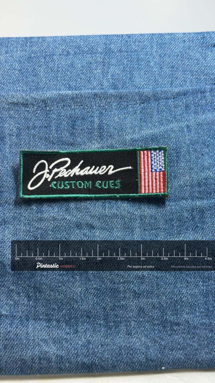 J Pechauer Custom Cues Patch Billiards Pool Brand USA Flag Embroidered Patch with ruler overlay for size reference