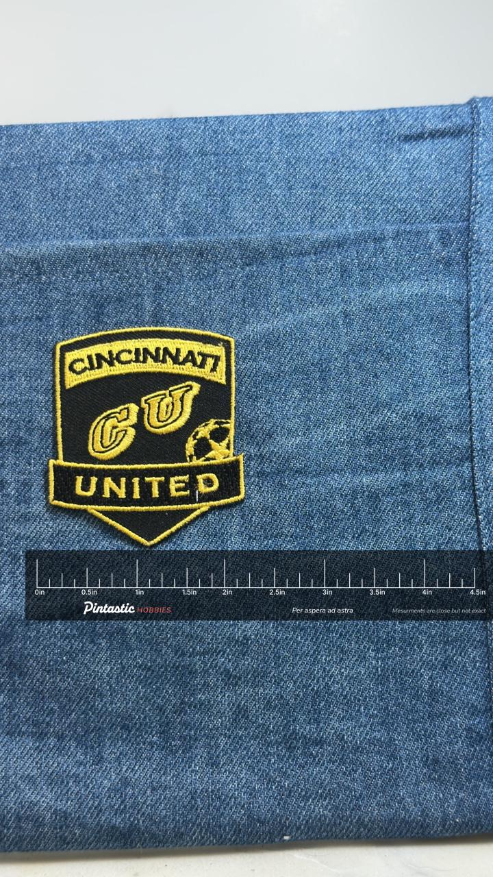 Cincinnati CU United Patch: Black Yellow Shield - Soccer Accessory with ruler overlay for size reference