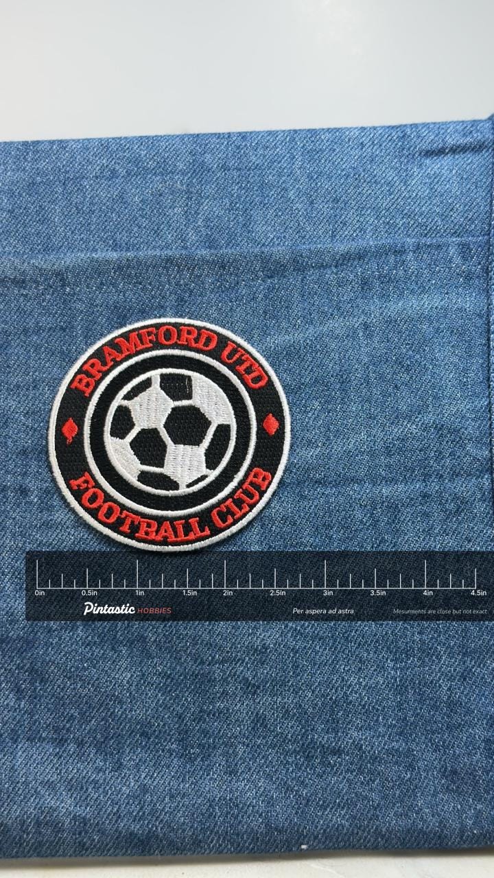 Bramford Utd Football Club Patch: Red Black Crest - Soccer Fan Accessory with ruler overlay for size reference