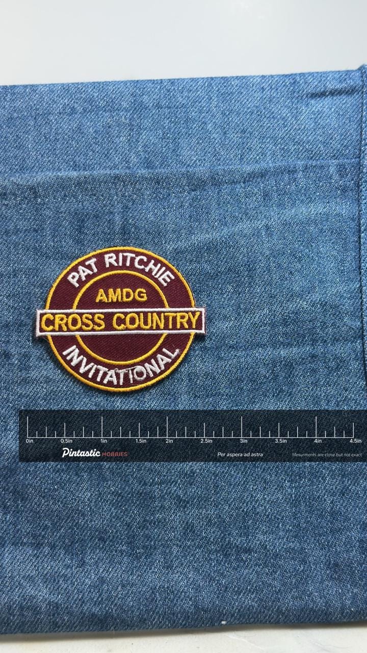 Pat Ritchie Cross Country Patch: Maroon Gold - School Sports Accessory with ruler overlay for size reference