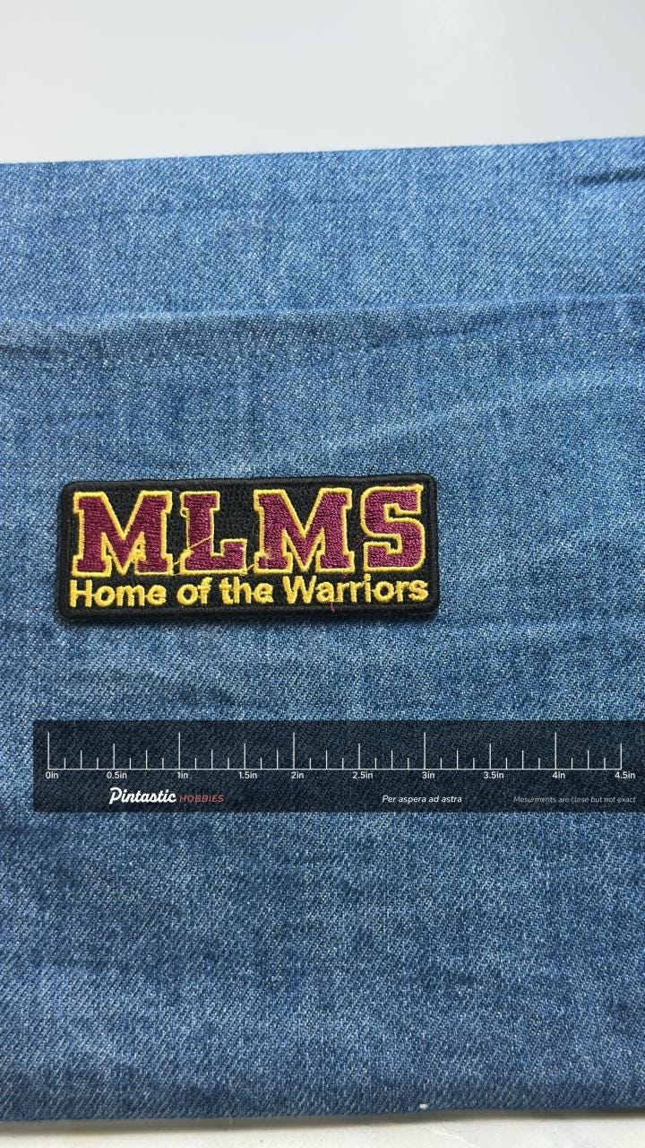MLMS Patch: Maroon & Gold School Spirit - Warriors Accessory with ruler overlay for size reference