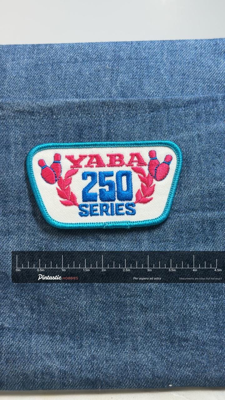 YABA 250 Series Patch: Pink & Blue - Bowling League Accessory with ruler overlay for size reference