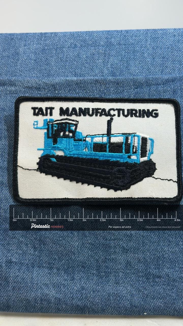 Tait Manufacturing Patch: Blue Tractor Design - Farm Accessory with ruler overlay for size reference
