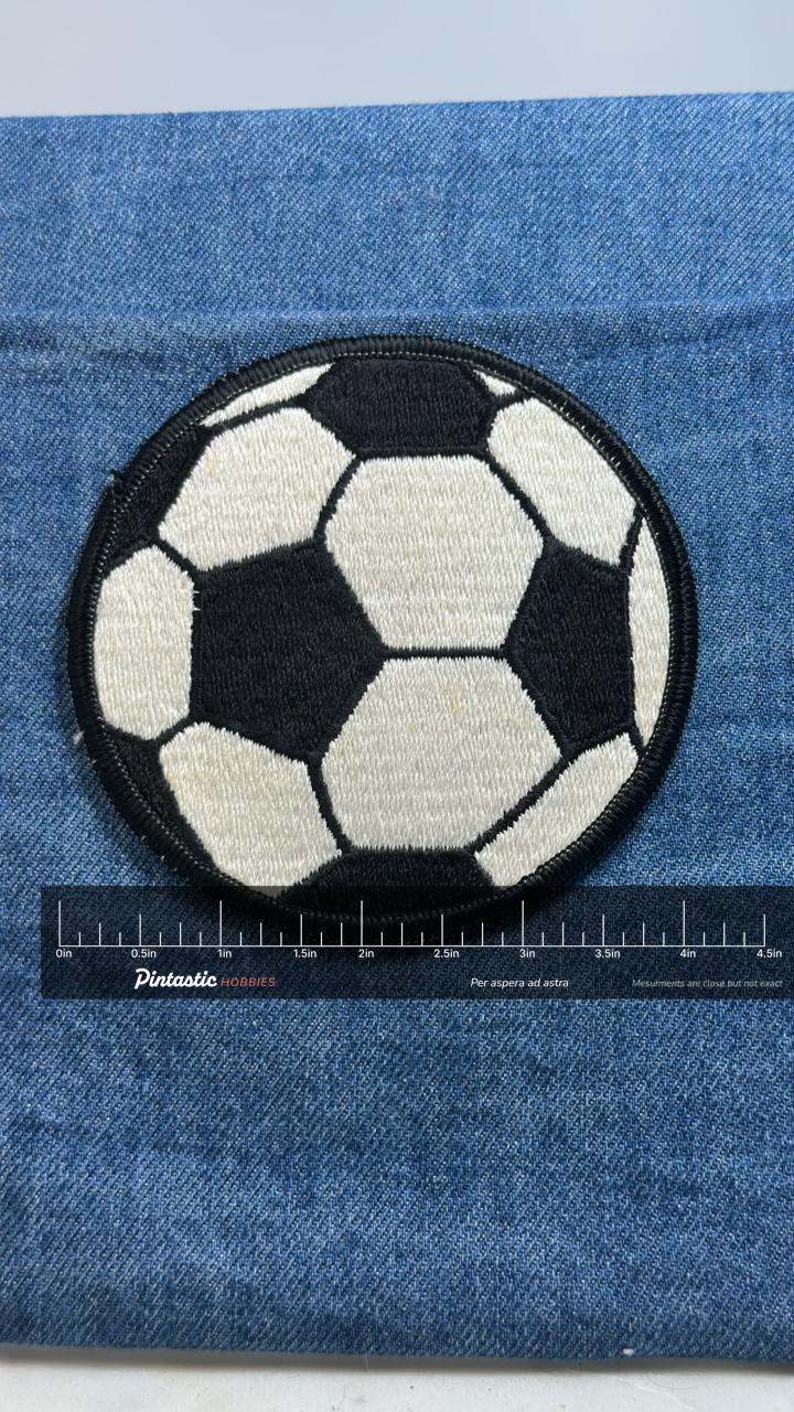 Soccer Ball Patch: Black White Classic - Sports Accessory with ruler overlay for size reference