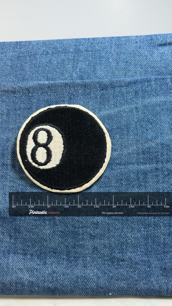8 Ball Patch: Black & White Classic - Billiards Accessory with ruler overlay for size reference