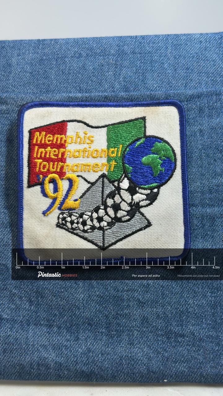 Memphis International Tournament Patch: Blue Border - 1992 Soccer Accessory with ruler overlay for size reference