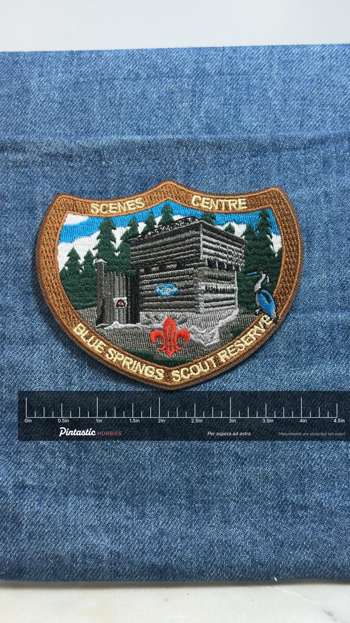 Scenes Center Blue Springs Scout Reserve Patch Boy Scouts Embroidered Patch with ruler overlay for size reference