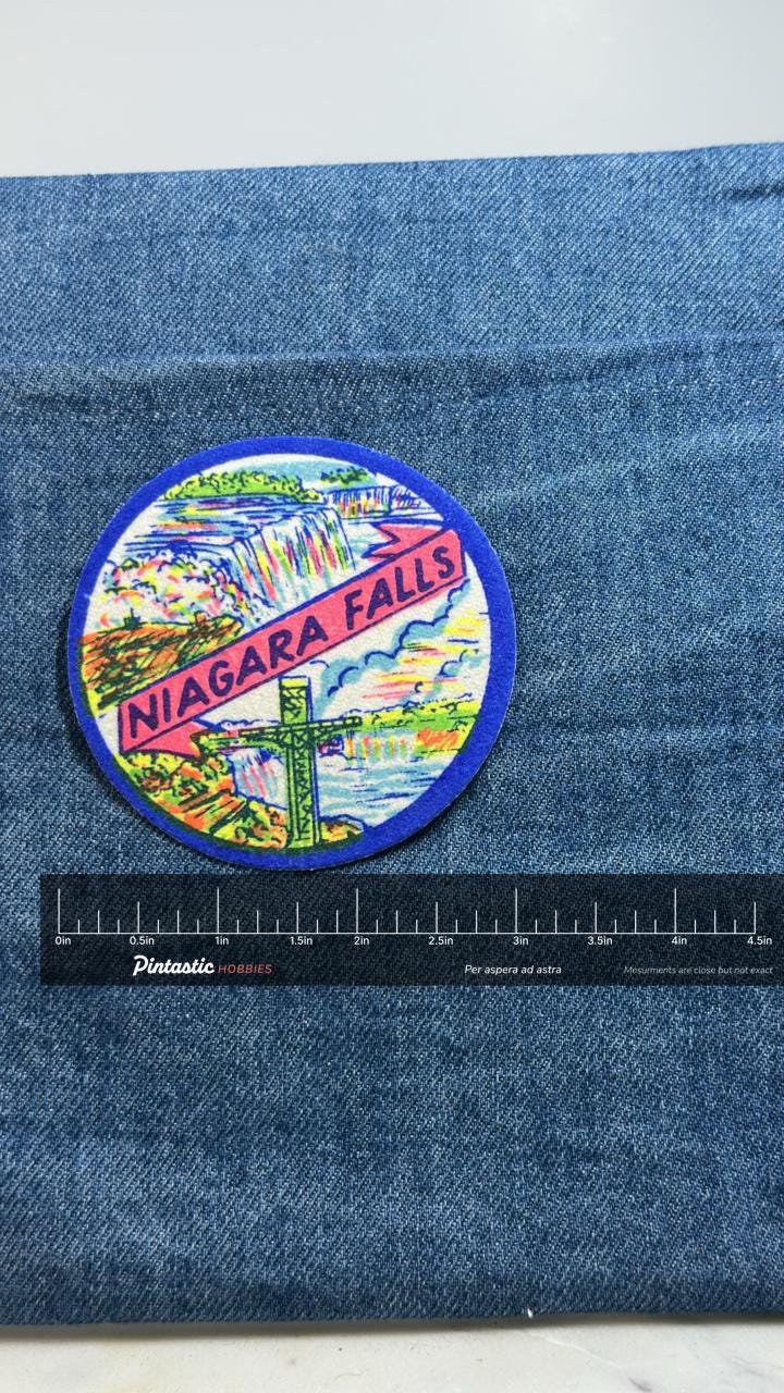 Niagara Falls Patch: Scenic Blue Border - Travel Souvenir Accessory with ruler overlay for size reference
