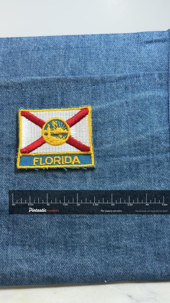 Florida State Flag Patch: Red Cross & Seal - Patriotic Accessory with ruler overlay for size reference
