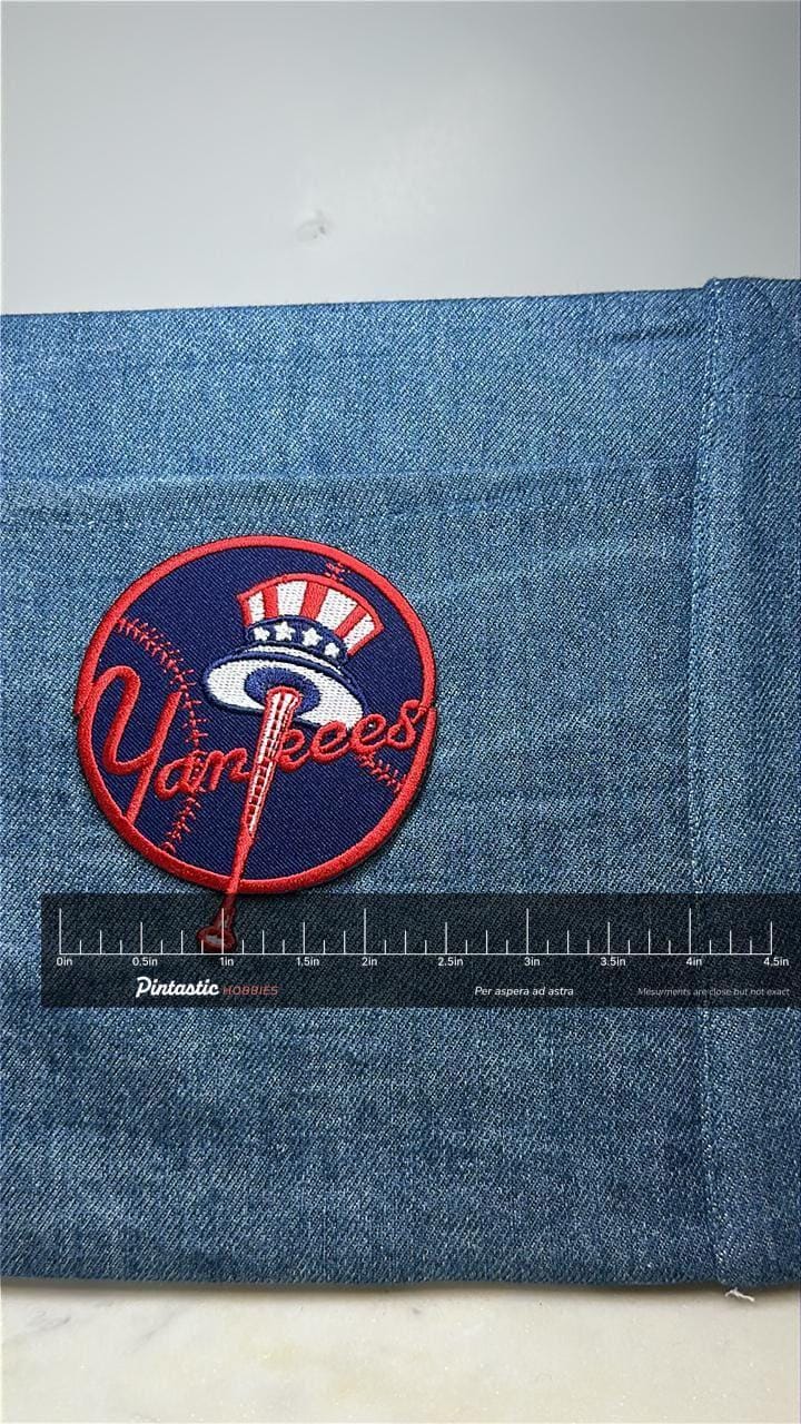 Yankees collectable patch: red white blue circle - vintage sports accessory with ruler overlay for size reference
