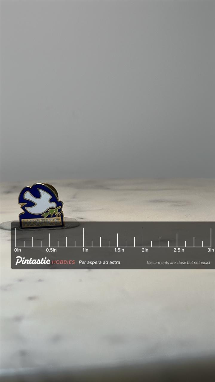 Vintage Hospice Dove Enamel Pin: Blue White Gold - Charity Accessory with ruler overlay for size reference
