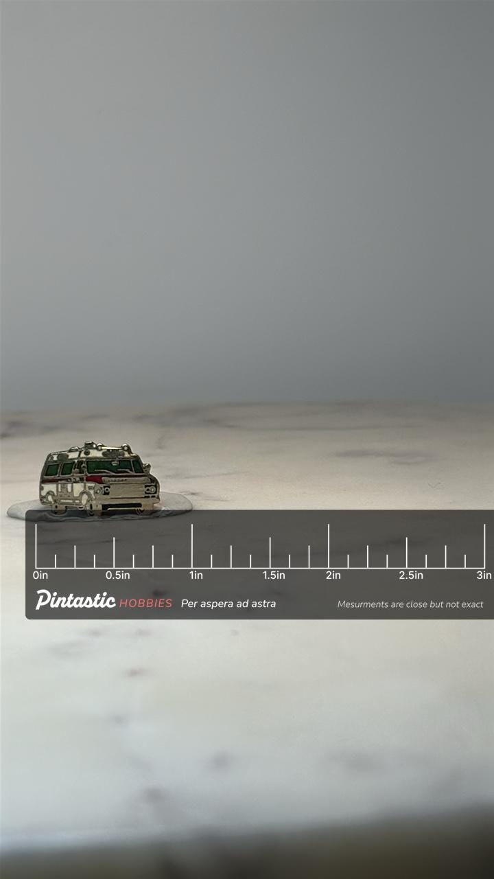 Vintage Camper Van Enamel Pin: Silver Tone - RV Travel Accessory with ruler overlay for size reference