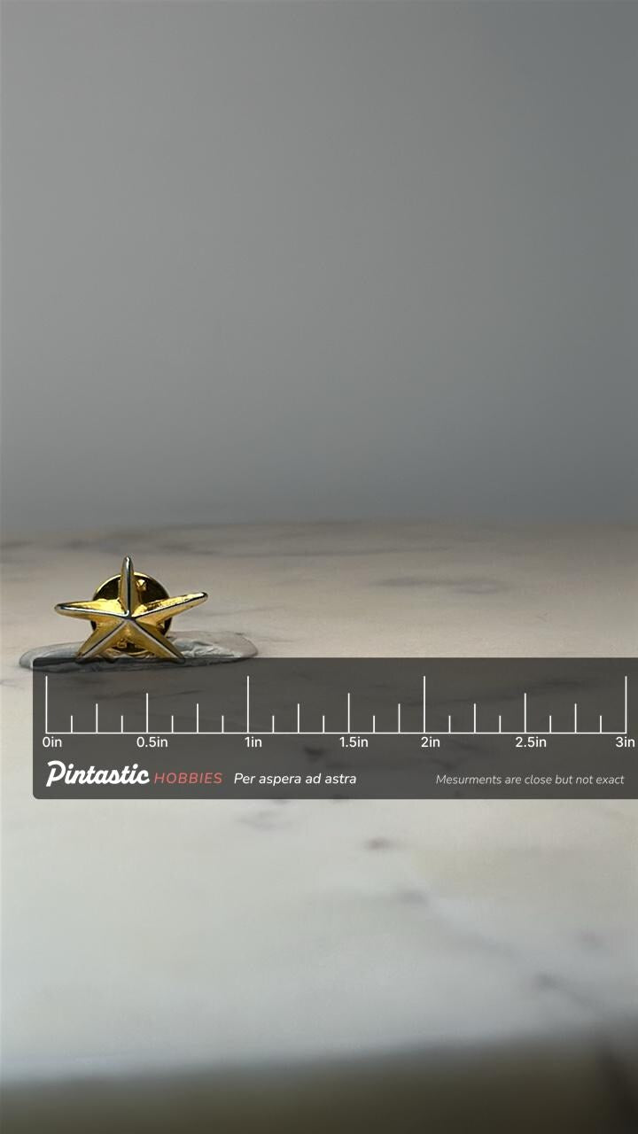 Gold Tone Starfish Pin Coastal Ocean Sea Star Lapel Pin Beach Jewelry with ruler overlay for size reference