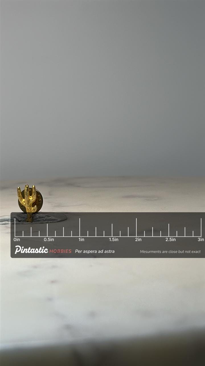Saguaro Cactus Lapel Pin: Gold Tone Metal - Desert Southwest Accessory with ruler overlay for size reference