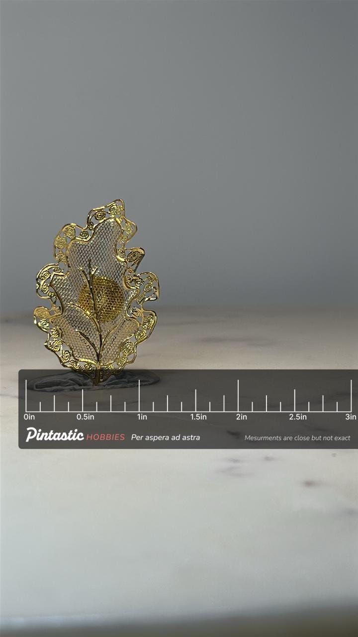 Floral Leaf Filigree Pin: Gold Tone Mesh - Vintage Nature Accessory with ruler overlay for size reference