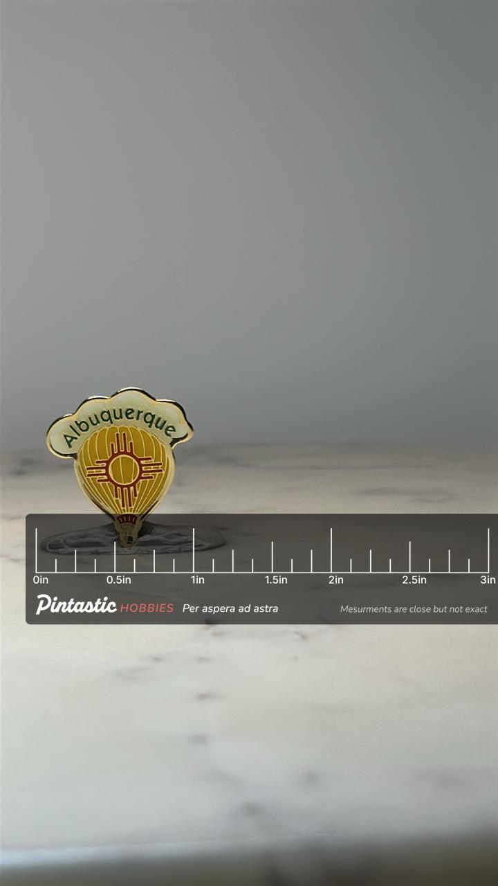 Albuquerque Balloon Pin: Gold Enamel - Southwest Travel Accessory with ruler overlay for size reference