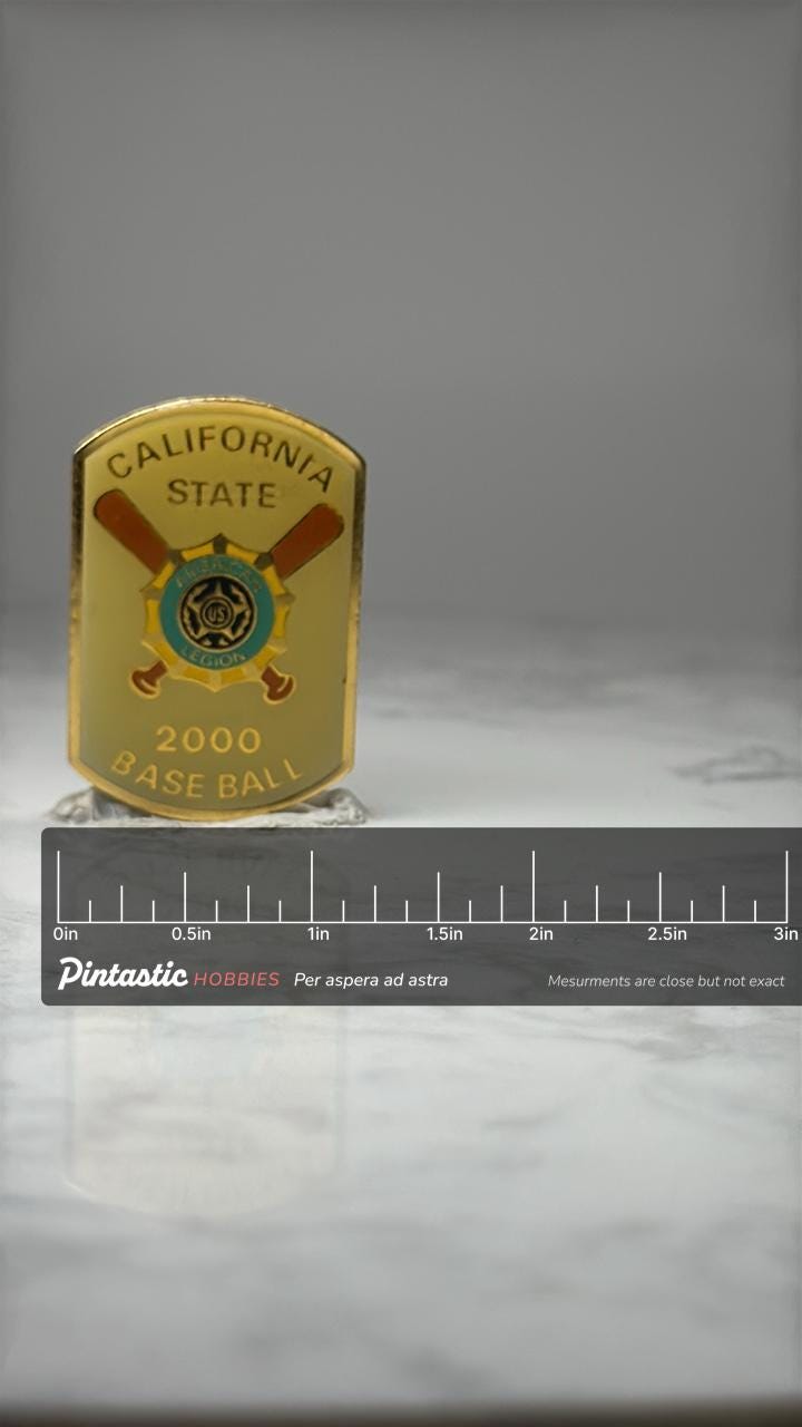 Ameican Legion California State Baseball Pin: Gold Enamel - 2000 Pin with ruler overlay for size reference