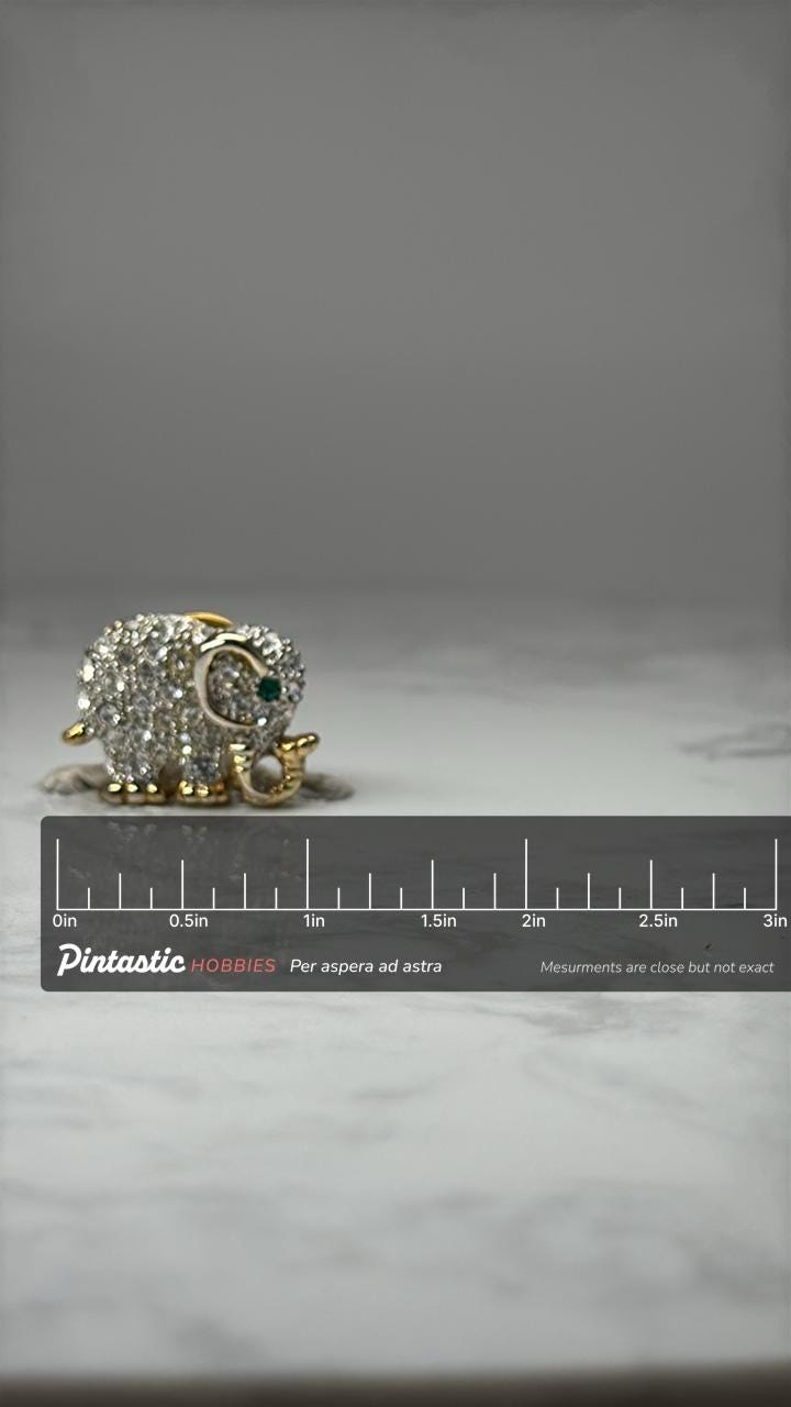 Elephant Figural Lapel Pin: Gold Tone Rhinestone - Vintage Animal Accessory with ruler overlay for size reference