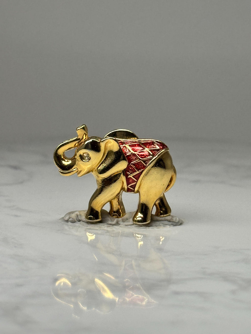 Elephant Figural Lapel Pin: Gold Tone Red Enamel - Safari Accessory