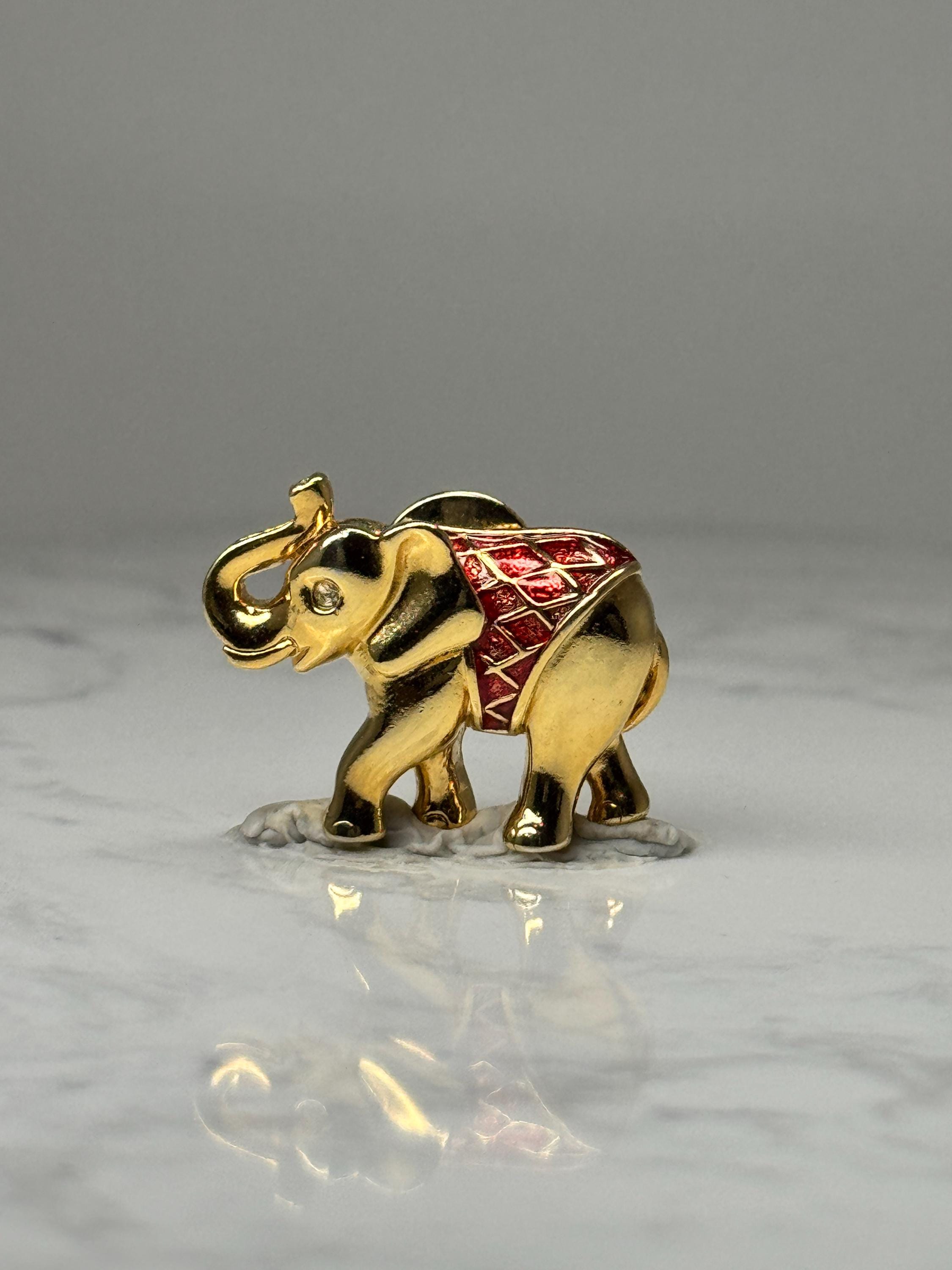 Elephant Figural Lapel Pin: Gold Tone Red Enamel - Safari Accessory