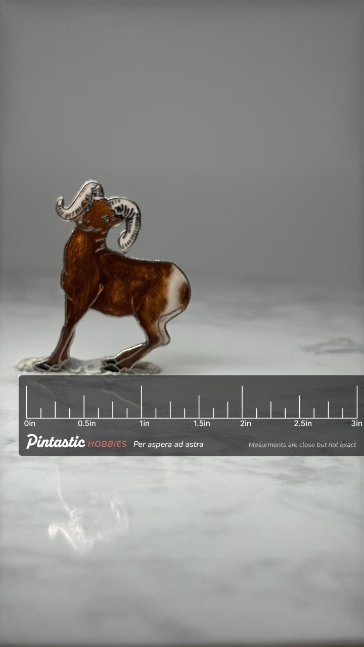 Bighorn Sheep Enamel Pin: Brown & White Wildlife - Rustic Accessory with ruler overlay for size reference
