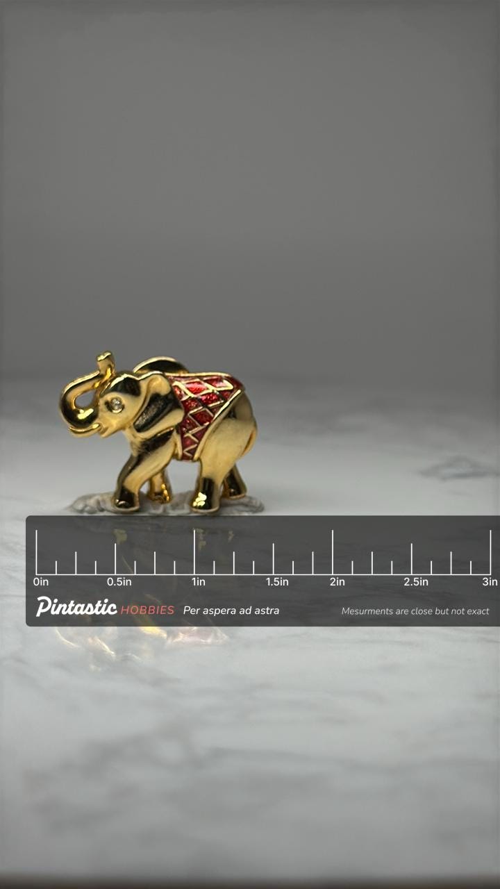 Elephant Figural Lapel Pin: Gold Tone Red Enamel - Safari Accessory with ruler overlay for size reference