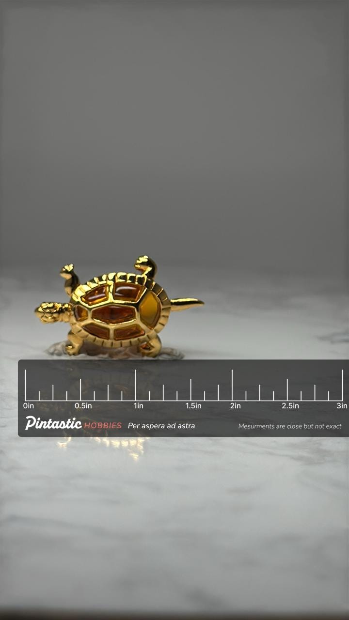 Turtle Animal Lapel Pin: Gold Tone Amber Enamel - Nature Accessory with ruler overlay for size reference
