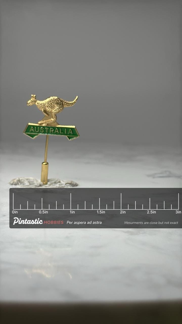 Australia Kangaroo Stick Pin: Gold Tone Enamel - Travel Souvenir with ruler overlay for size reference