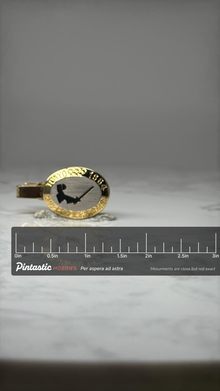 Tokyo 1964 Olympic Tie Clip: Gold Tone Olympic Rings - Japan Games with ruler overlay for size reference