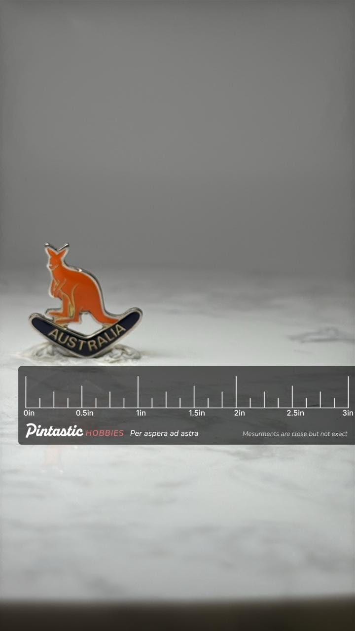 Australia Kangaroo Souvenir Pin: Orange Enamel - Travel Accessory with ruler overlay for size reference