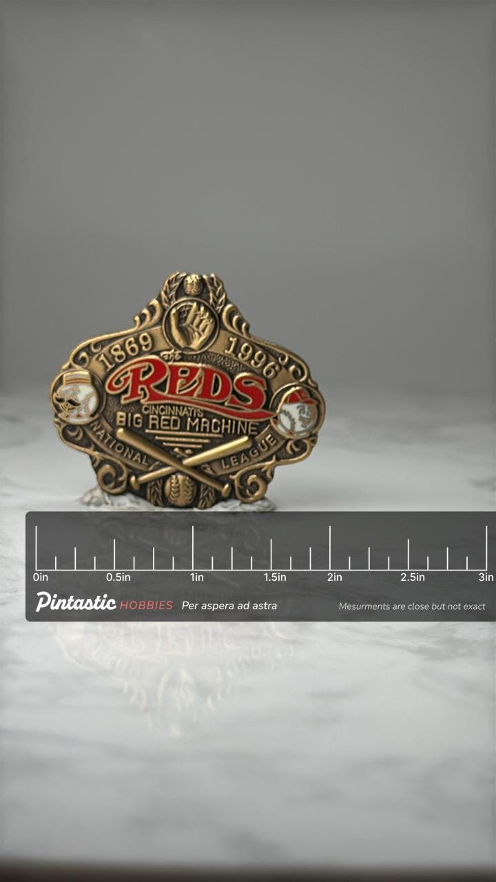 Cincinnati Reds Commemorative Pin: Gold Tone Enamel - 1869–1996 MLB with ruler overlay for size reference