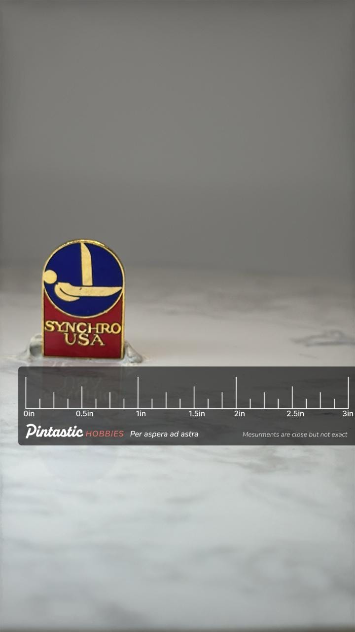Synchro USA Synchronized Swimming Enamel Pin Vintage USA Aquatics Sports Lapel Pin with ruler overlay for size reference