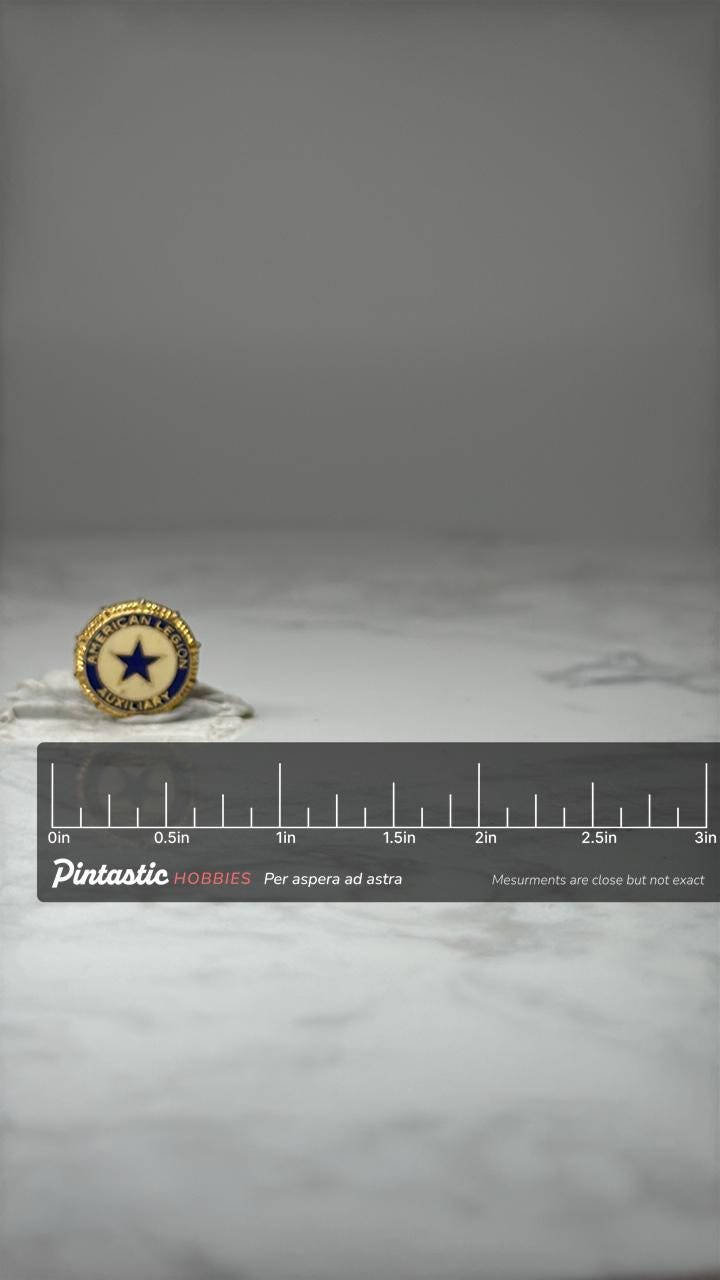 American Legion Auxiliary Lapel Pin: Gold Tone Enamel - Patriotic with ruler overlay for size reference