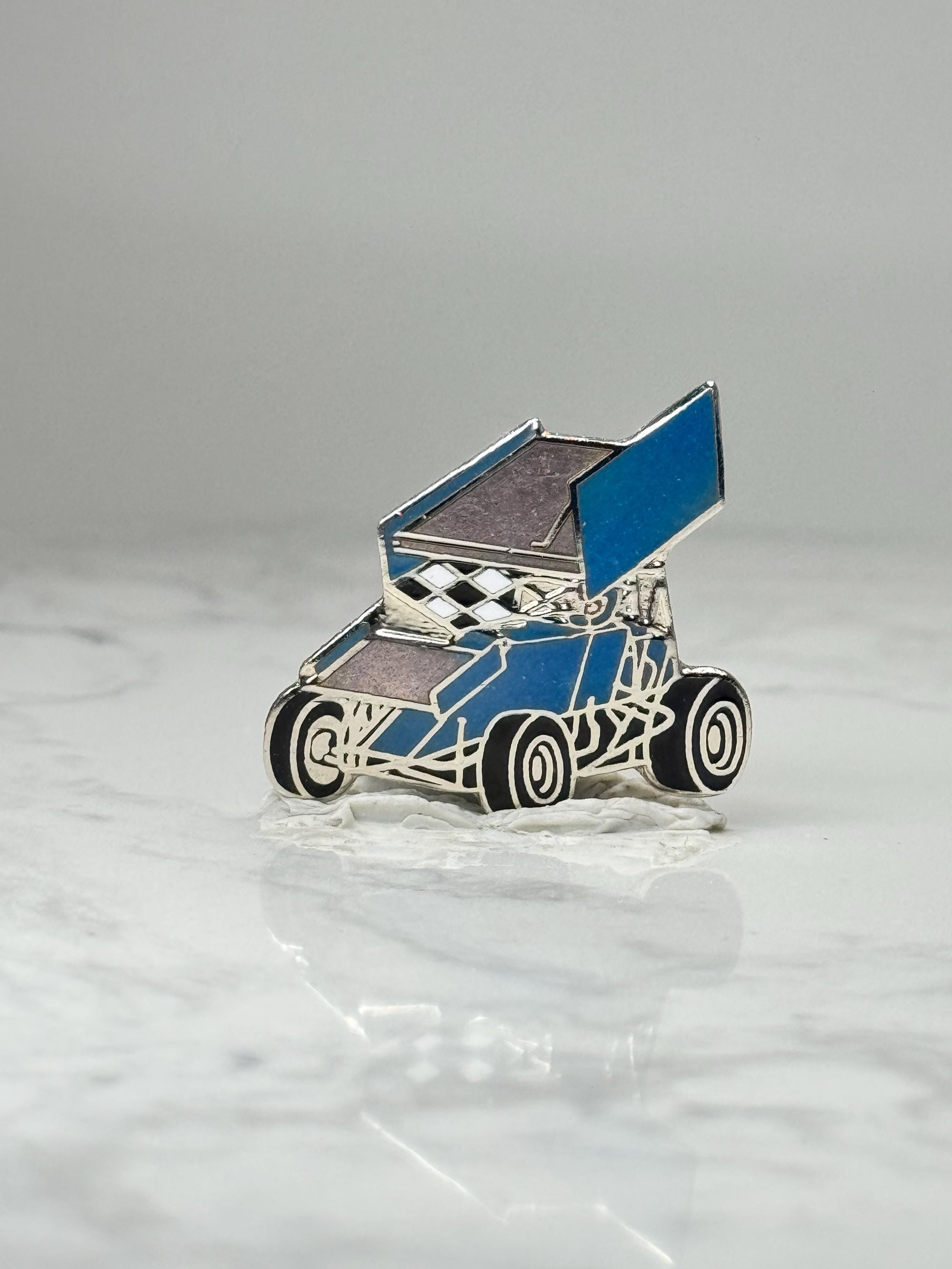 Sprint Car Racing Enamel Pin: Blue Silver Finish - Motorsports Accessory