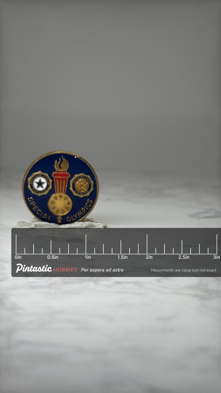 American Legion Auxiliary Special Olympics Enamel Pin Torch Medal USA Vintage Lapel Pin with ruler overlay for size reference