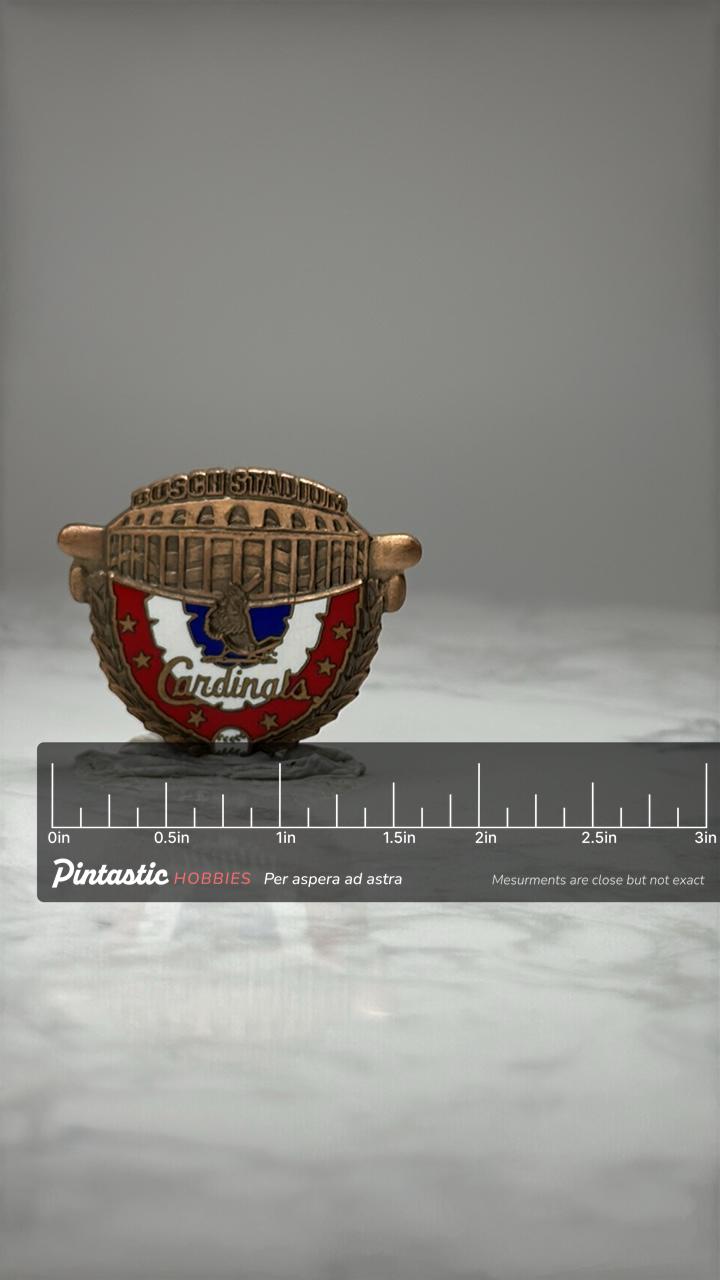 Busch Stadium Cardinals Pin: Gold Tone Enamel - MLB Souvenir with ruler overlay for size reference