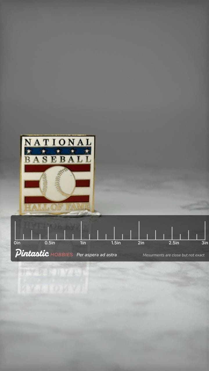 National Baseball Hall of Fame Pin: Red White Blue Enamel - Sports Souvenir with ruler overlay for size reference