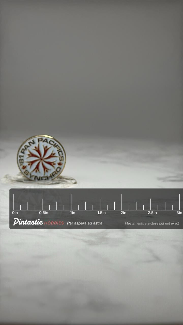 1987 Pan Pacifics Synchronized Swimming Pin: Red Enamel - Canada with ruler overlay for size reference