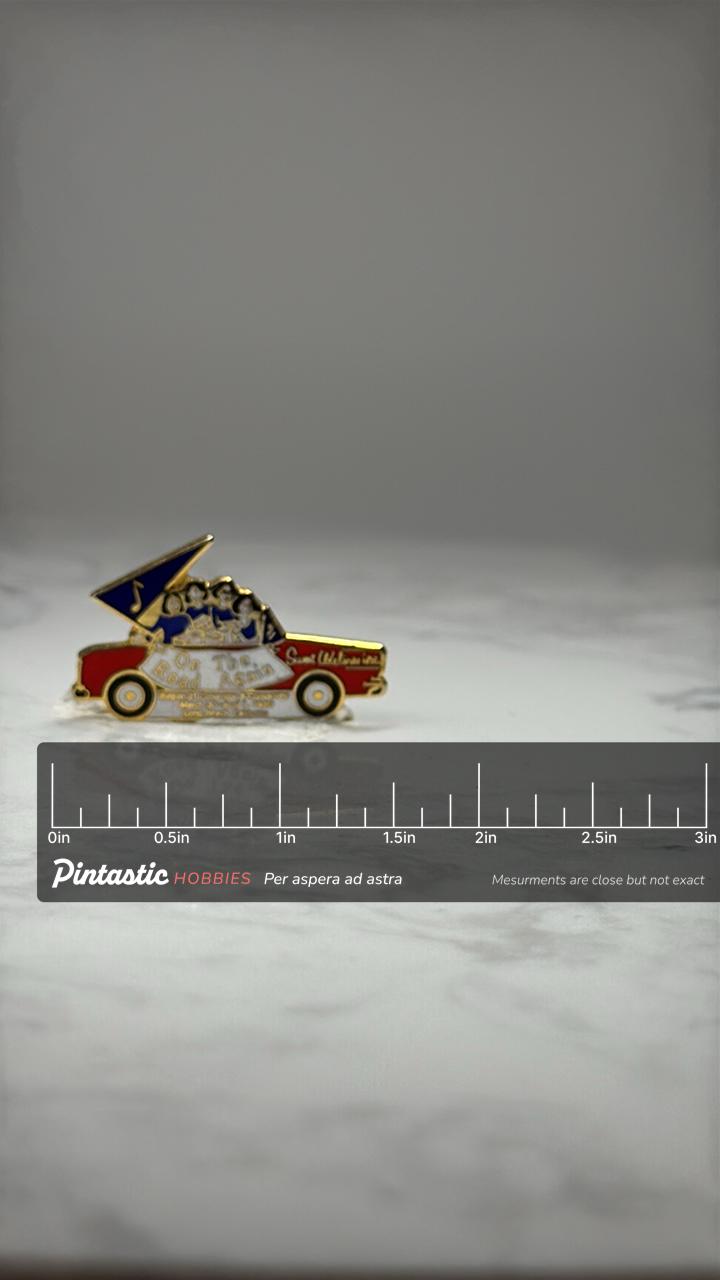 Sweet Adelines On The Road Again Car Pin: Gold Tone Enamel - 1976 Convention with ruler overlay for size reference