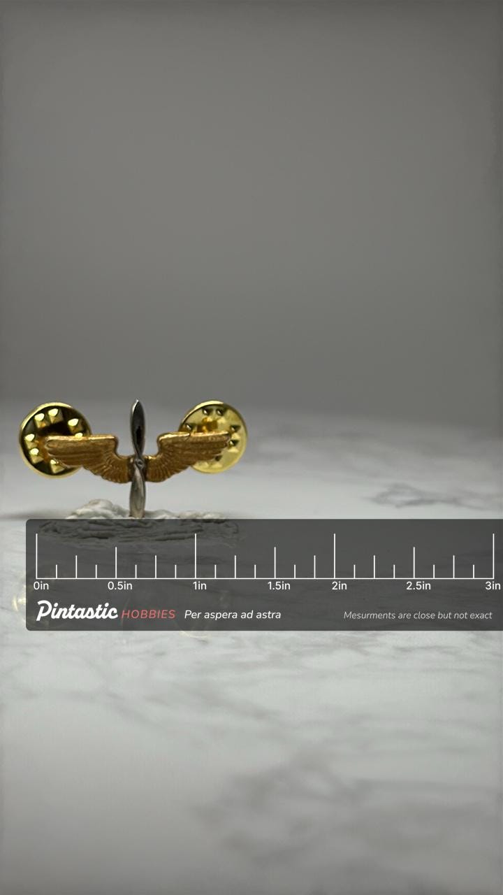 Propeller Wings Aviation Pin: Gold Tone Metal - Pilot Era Accessory with ruler overlay for size reference