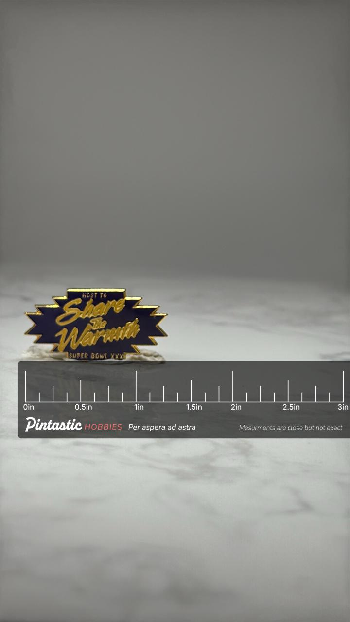 Super Bowl XXXI Lapel Pin: Gold Tone Enamel - 1997 NFL Accessory with ruler overlay for size reference