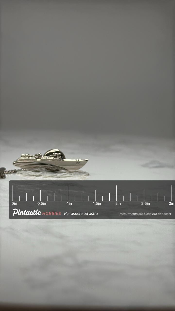 Speedboat Tie Tack: Silver Tone Metal - Nautical Boating Accessory with ruler overlay for size reference