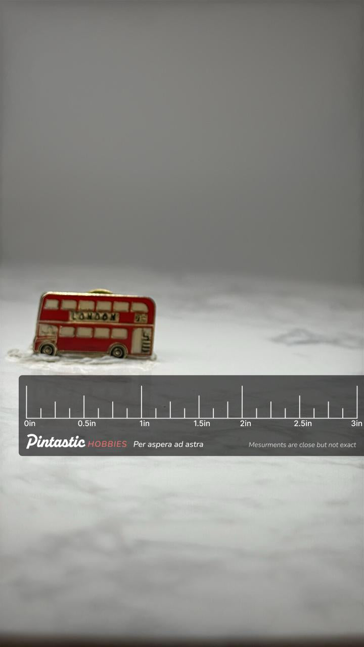 London Double Decker Bus Pin: Red Enamel Gold Tone - Travel Souvenir Accessory with ruler overlay for size reference