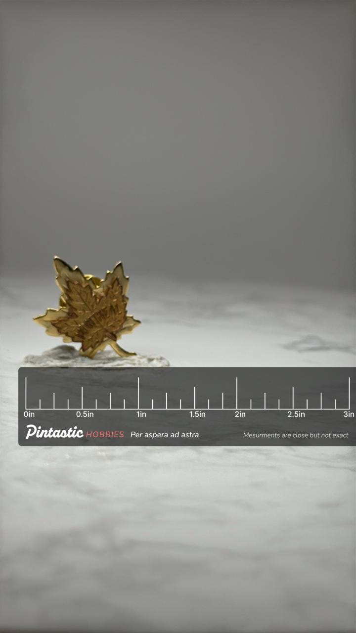 Montreal Canada Maple Leaf Enamel Pin Vintage Gold Tone Canadian Souvenir Lapel Pin with ruler overlay for size reference