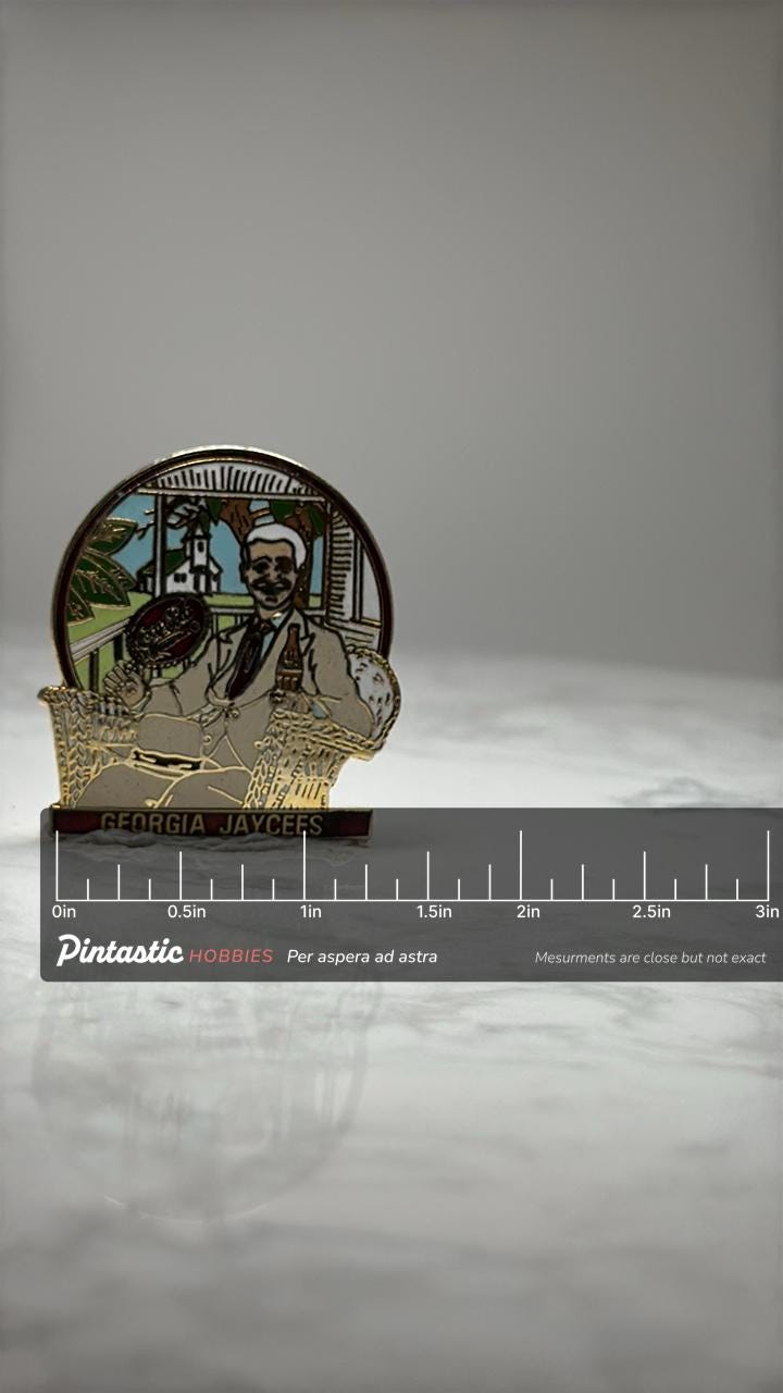 Georgia Jaycees Coca Cola Enamel Pin Vintage Coke Souvenir Lapel Pin with ruler overlay for size reference